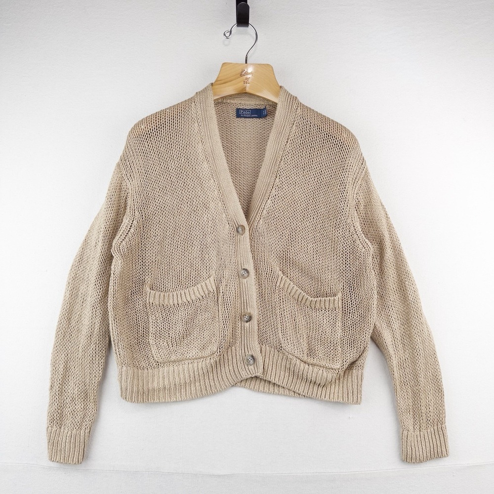 Polo Ralph Lauren Women's S Tan Beige Linen Knit Button Front Cardigan Sweater